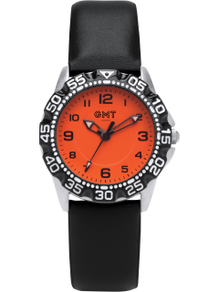 Children's watch with orange dial and black strap