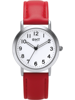 Silver children's watch with white dial and red strap