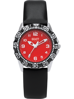 Children's watch with red dial and black strap
