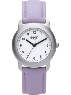 Silver children's watch with white dial and purple strap