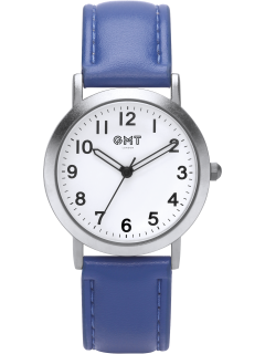 Silver children's watch with white dial and blue strap