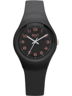 Black children's watch with black dial, silver hands and black strap